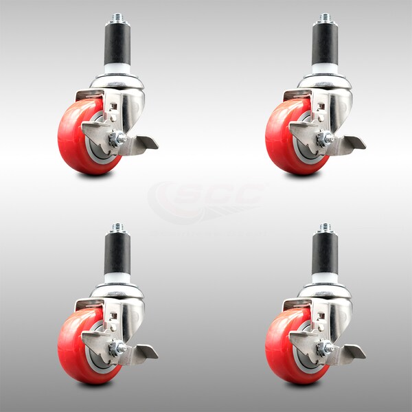 Service Caster 3 Inch 316SS Red Poly Swivel 1-3/8 Inch Expanding Stem Caster Set Brake SCC SCC-SS316EX20S314-PPUB-RED-TLB-138-4 - main